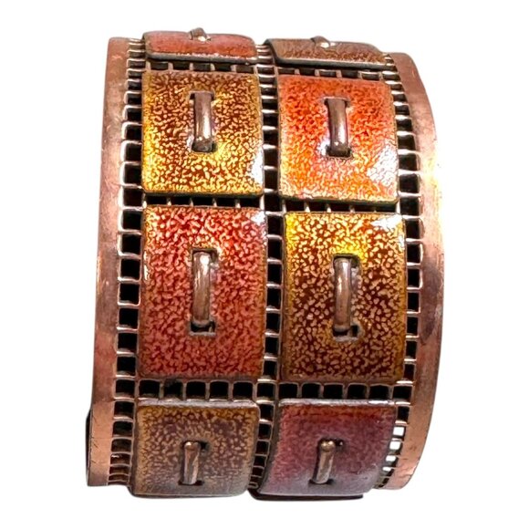 Vintage Matisse Renoir Copper Enamel Cuff Bracelet MCM Modern Grid Panel Design - Picture 3 of 11